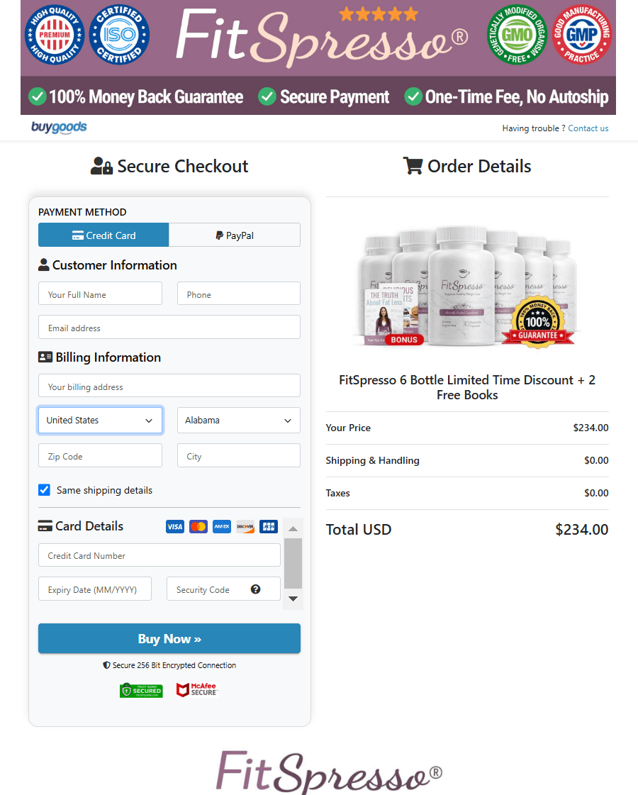 Fitspresso Secured Order Page